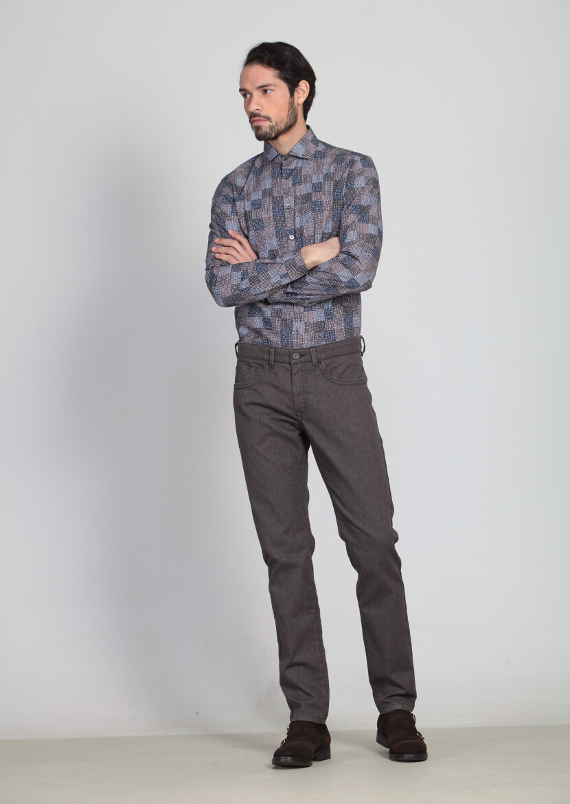 Antrasit Desenli Dokuma Slim Fit Casual Pamuk Karışımlı Pantolon - 1