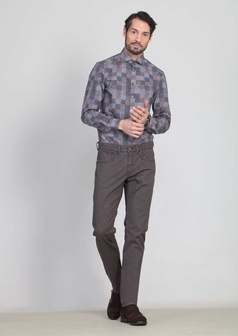 Antrasit Desenli Dokuma Slim Fit Casual Pamuk Karışımlı Pantolon - 3