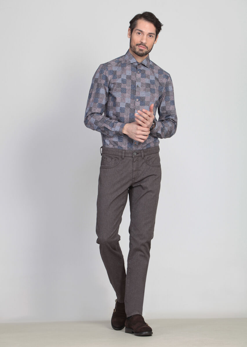 Antrasit Desenli Dokuma Slim Fit Casual Pamuk Karışımlı Pantolon - 3