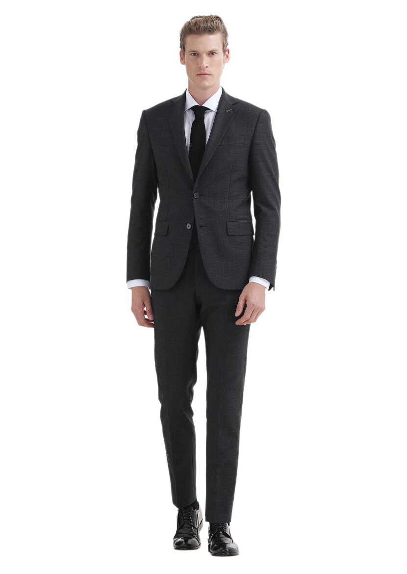 Antrasit Desenli Modern Fit Yün Karışımlı Takım Elbise - 1