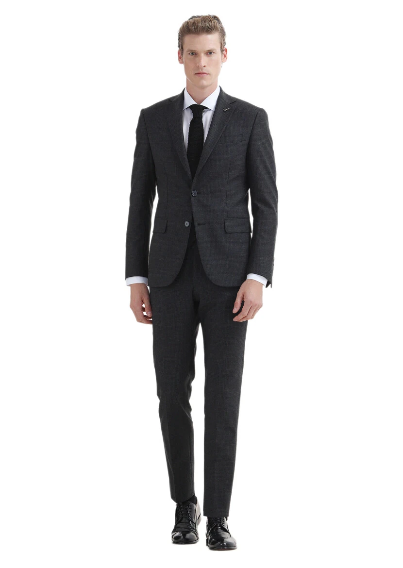 Antrasit Desenli Modern Fit Yün Karışımlı Takım Elbise - 1