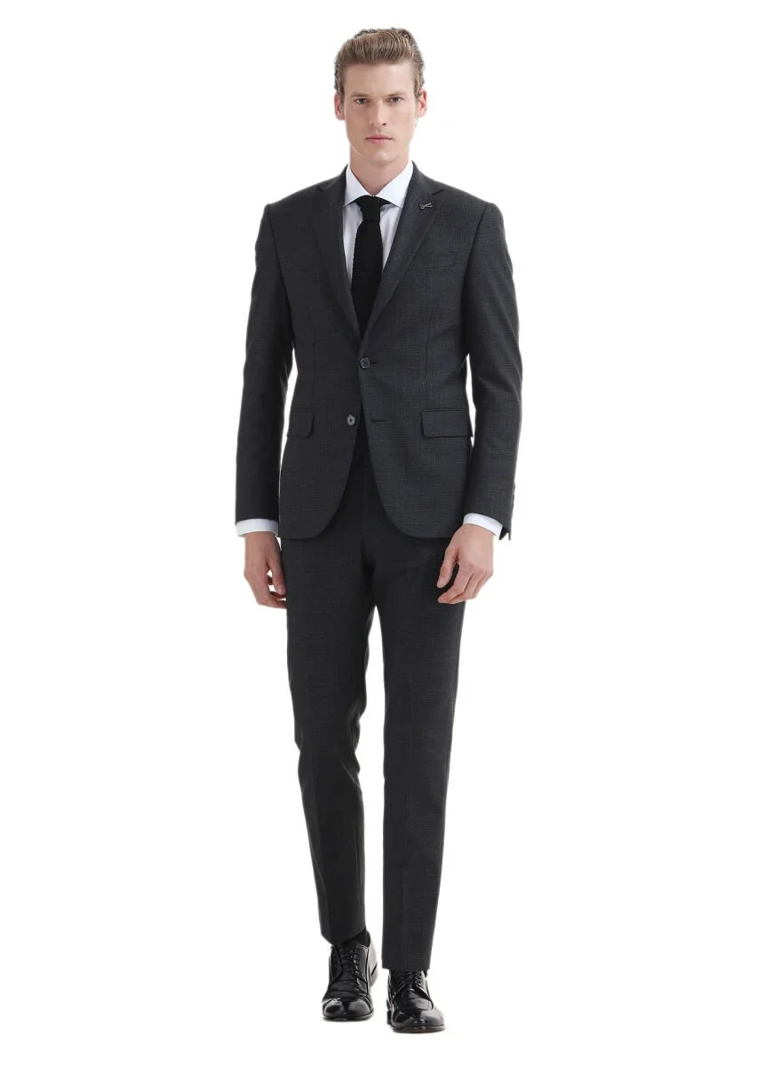 Antrasit Desenli Modern Fit Yün Karışımlı Takım Elbise - 1