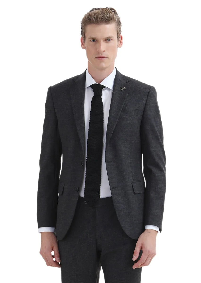 Antrasit Desenli Modern Fit Yün Karışımlı Takım Elbise - 2