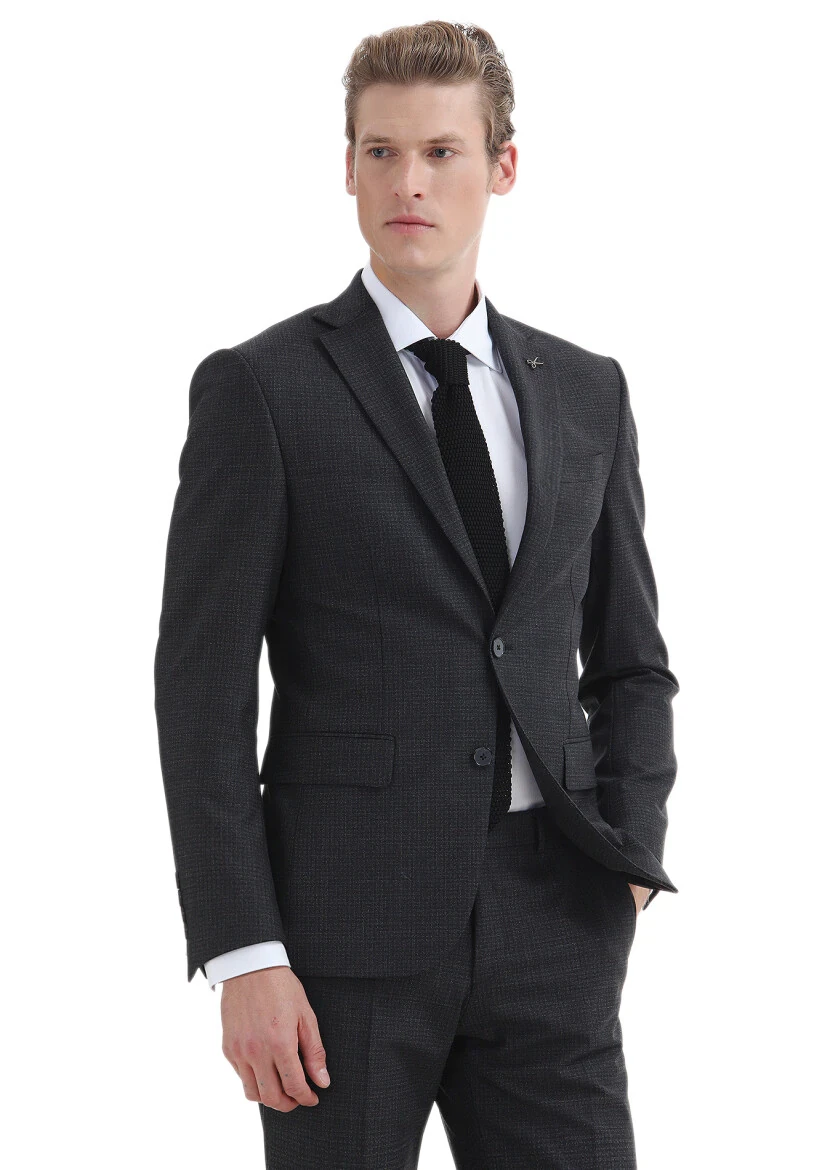 Antrasit Desenli Modern Fit Yün Karışımlı Takım Elbise - 3