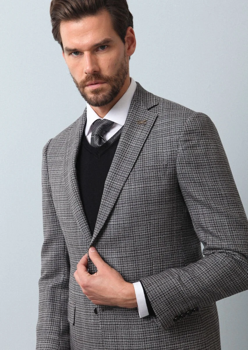 Antrasit Desenli Regular Fit %100 Yün Ceket - 2