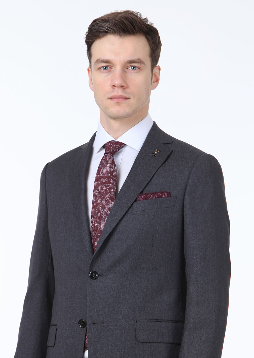 Antrasit Desenli Regular Fit %100 Yün Takım Elbise - 2