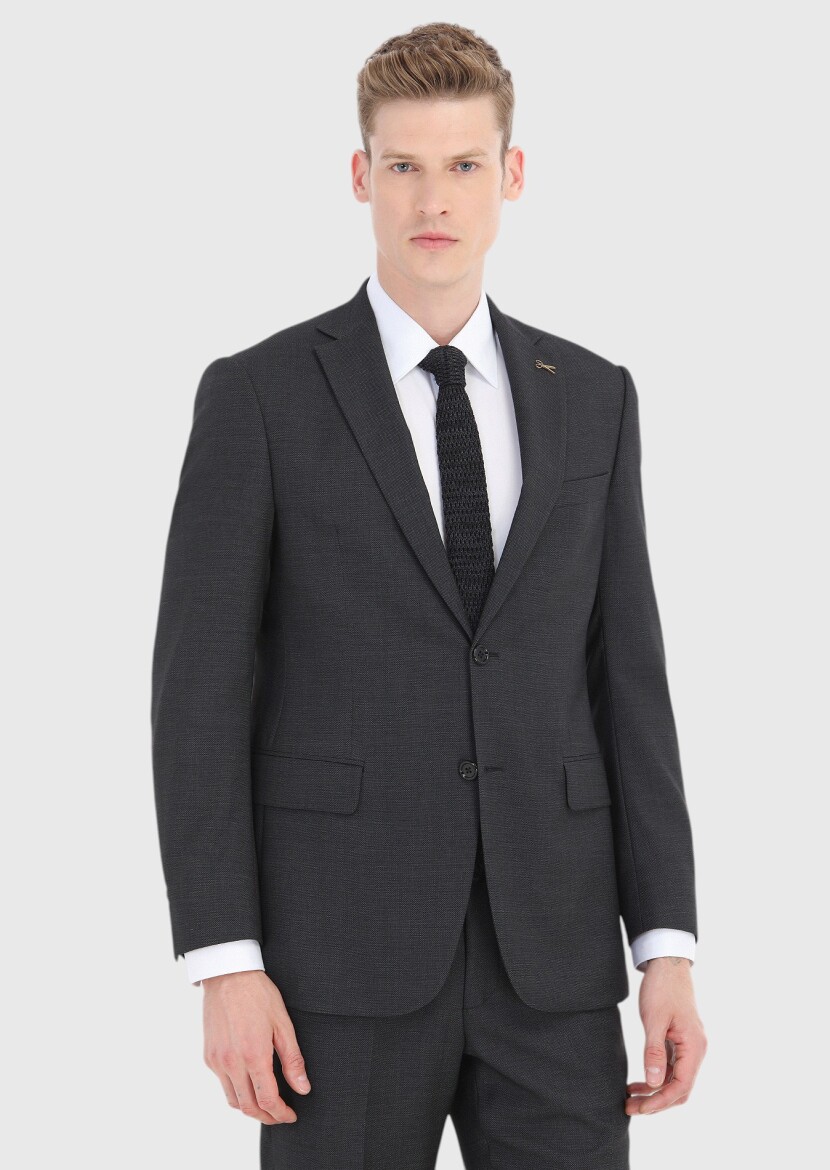 Antrasit Desenli Regular Fit %100 Yün Takım Elbise - 2