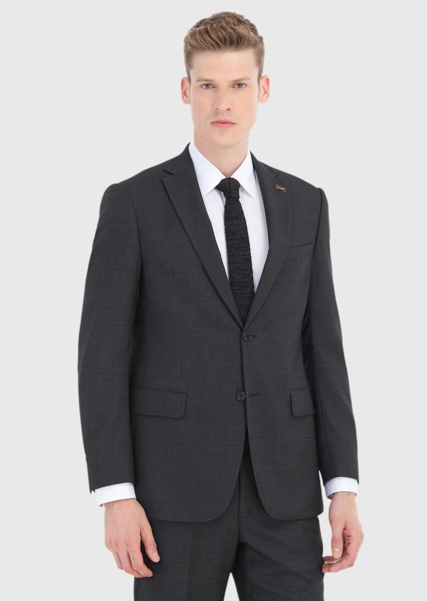 Antrasit Desenli Regular Fit %100 Yün Takım Elbise - 2