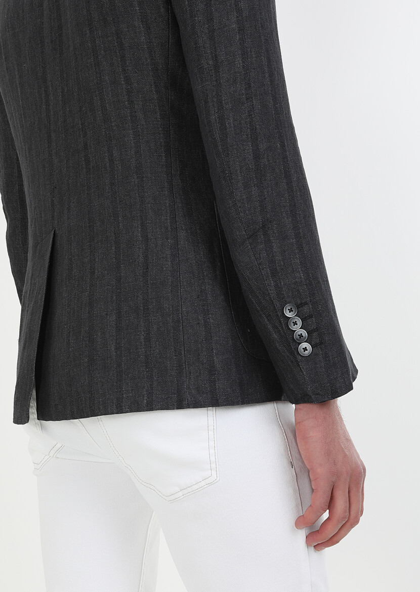 Antrasit Desenli Shirt Shoulder Slim Fit %100 Keten Ceket - 5