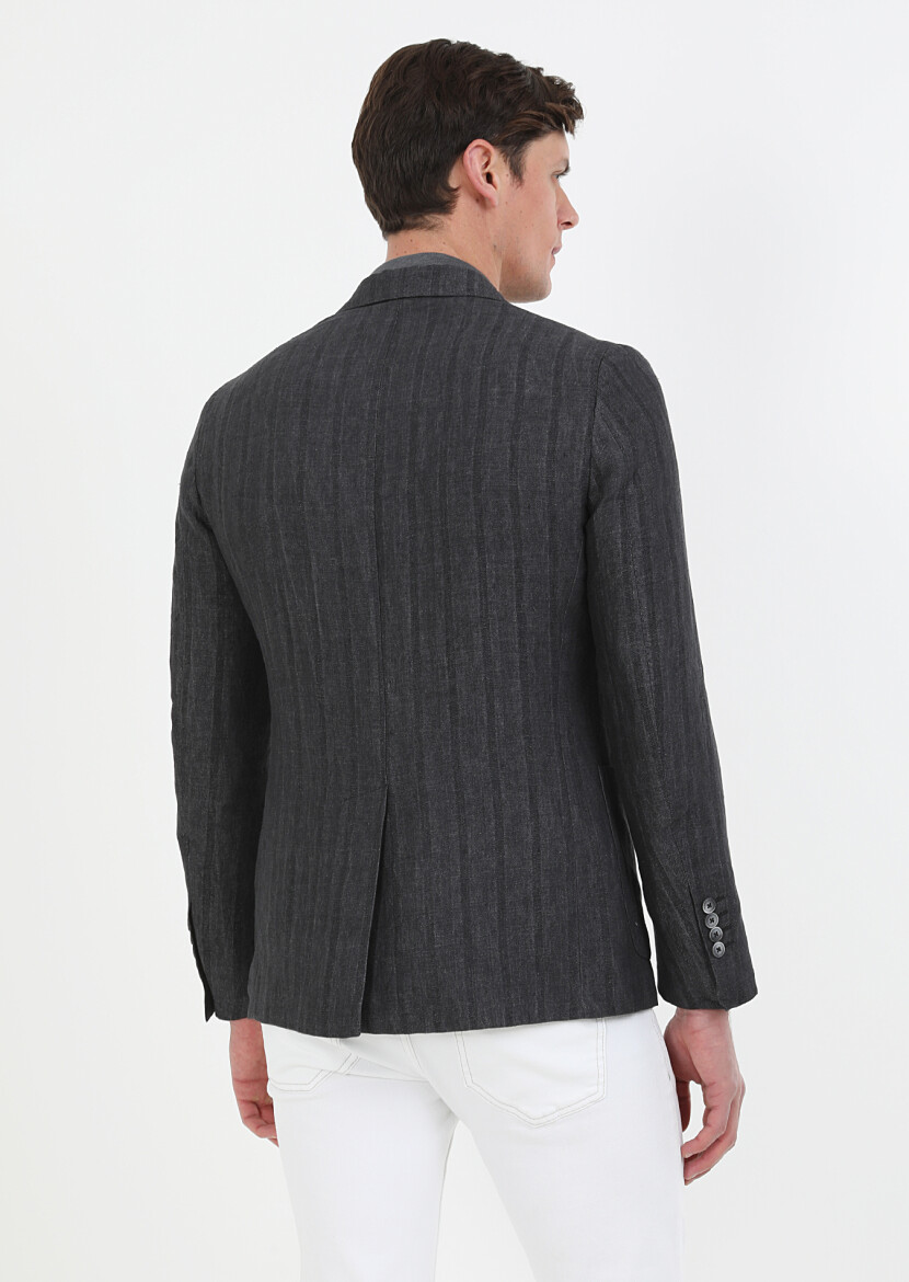 Antrasit Desenli Shirt Shoulder Slim Fit %100 Keten Ceket - 6