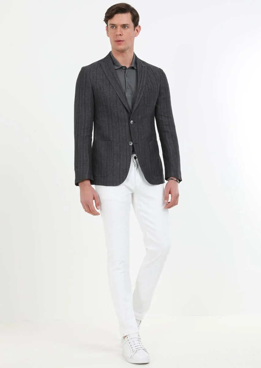 Antrasit Desenli Shirt Shoulder Slim Fit %100 Keten Ceket - 2