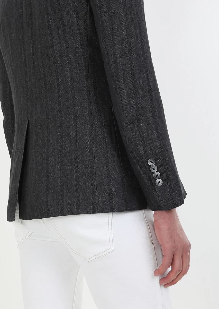 Antrasit Desenli Shirt Shoulder Slim Fit %100 Keten Ceket - 5
