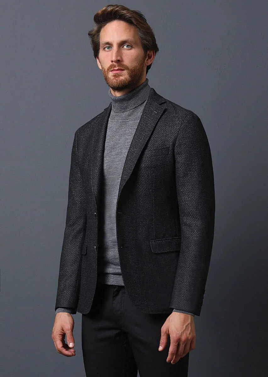 Antrasit Desenli Shirt Shoulder Slim Fit Yün Karışımlı Ceket - 4