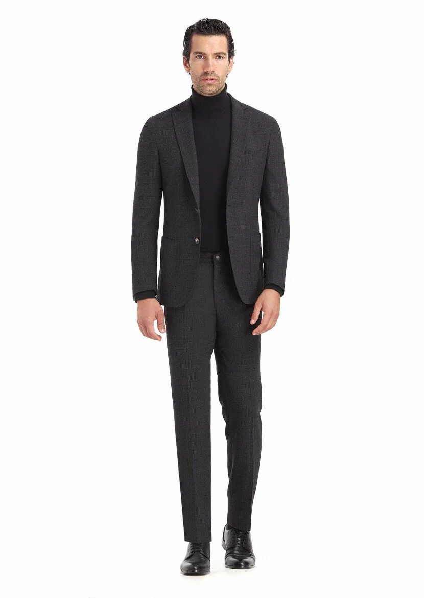 Antrasit Desenli Shirt Shoulder Slim Fit Yün Karışımlı Takım Elbise - 1