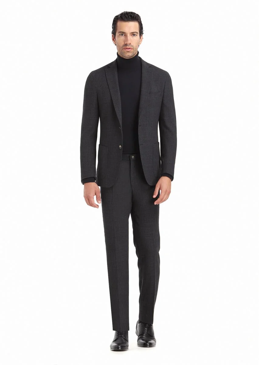 Antrasit Desenli Shirt Shoulder Slim Fit Yün Karışımlı Takım Elbise - 1