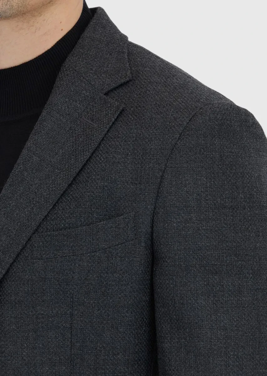 Antrasit Desenli Zeroweight Slim Fit %100 Yün Ceket - 4