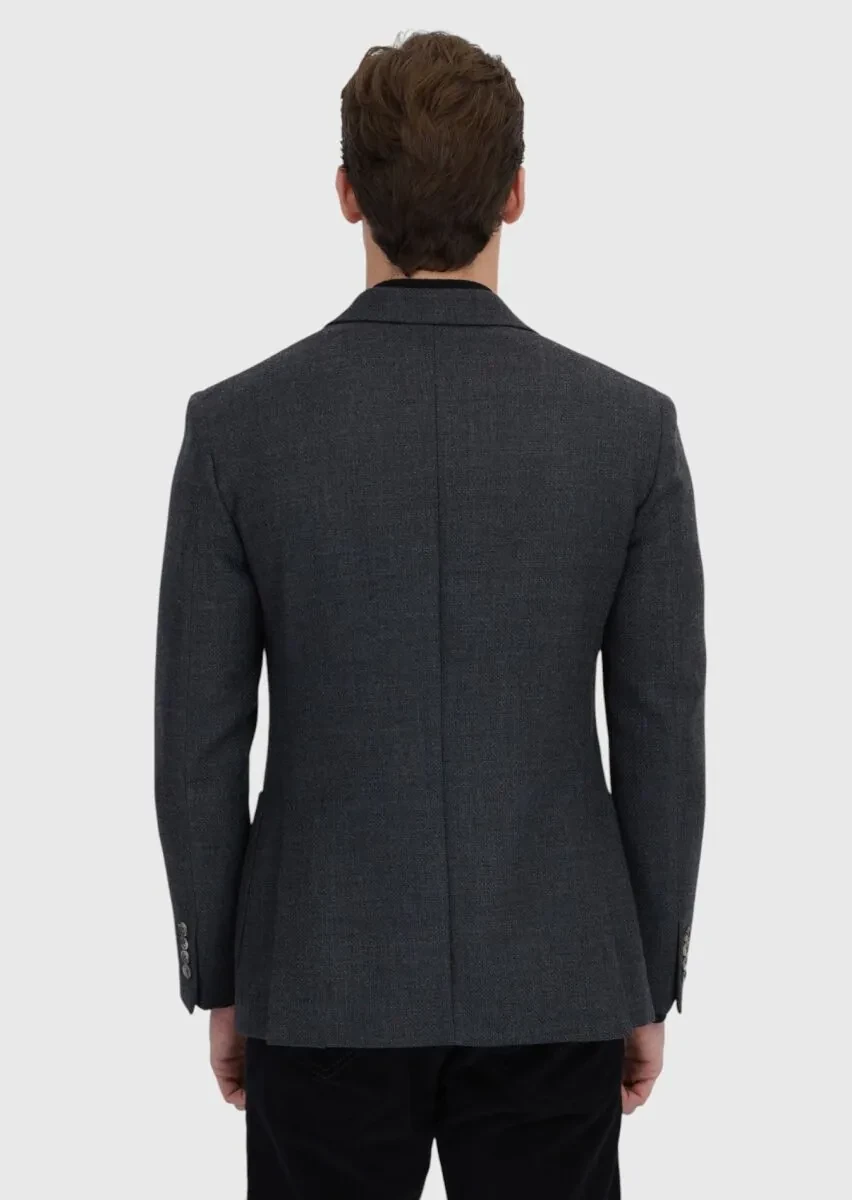 Antrasit Desenli Zeroweight Slim Fit %100 Yün Ceket - 7