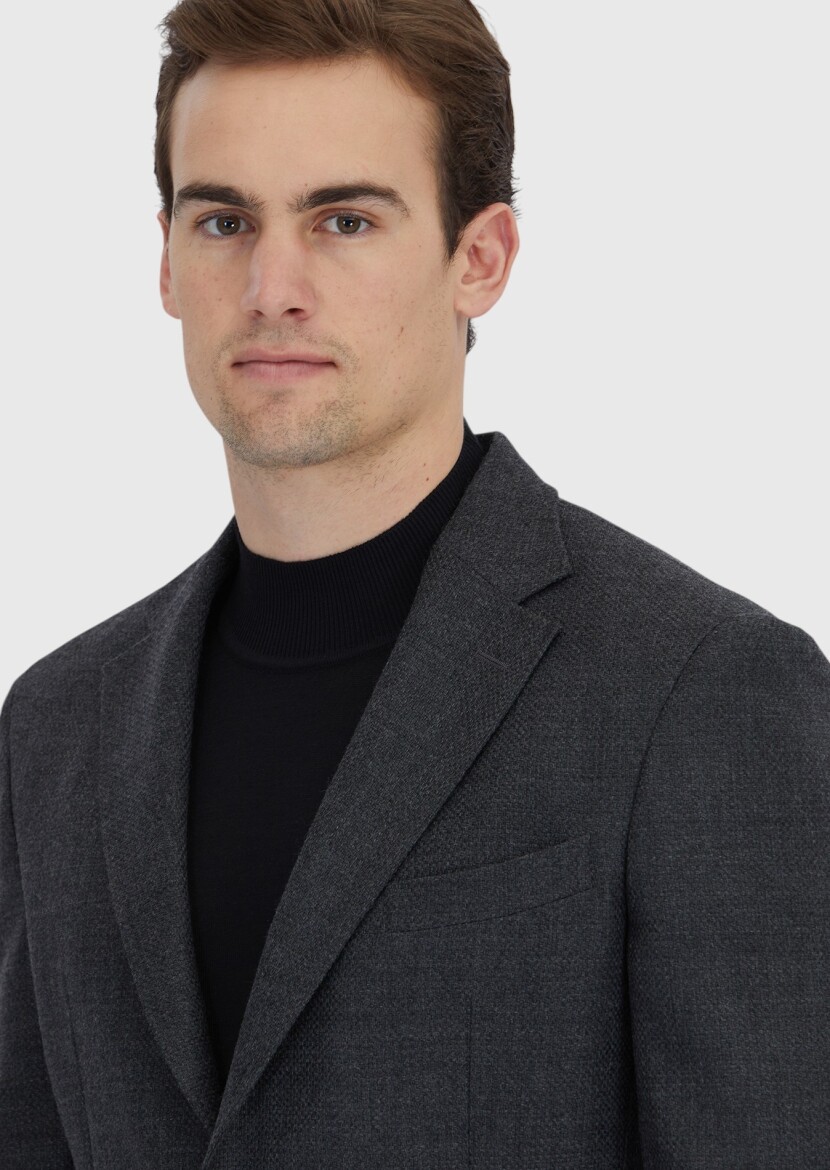 Antrasit Desenli Zeroweight Slim Fit %100 Yün Ceket - 3