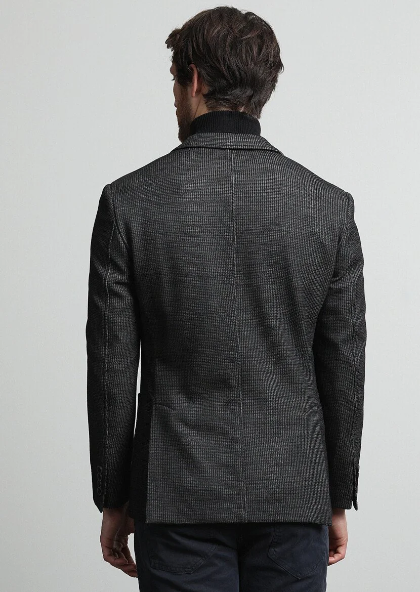 Antrasit Desenli Zeroweight Slim Fit Yün Karışımlı Örme Ceket - 4