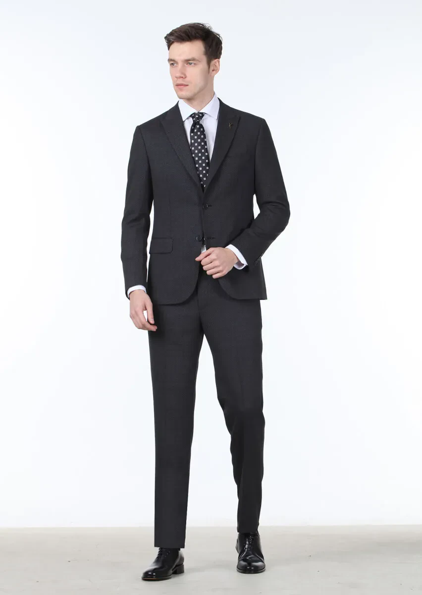 Antrasit Desenli Zeroweight Slim Fit Yün Karışımlı Takım Elbise - 1