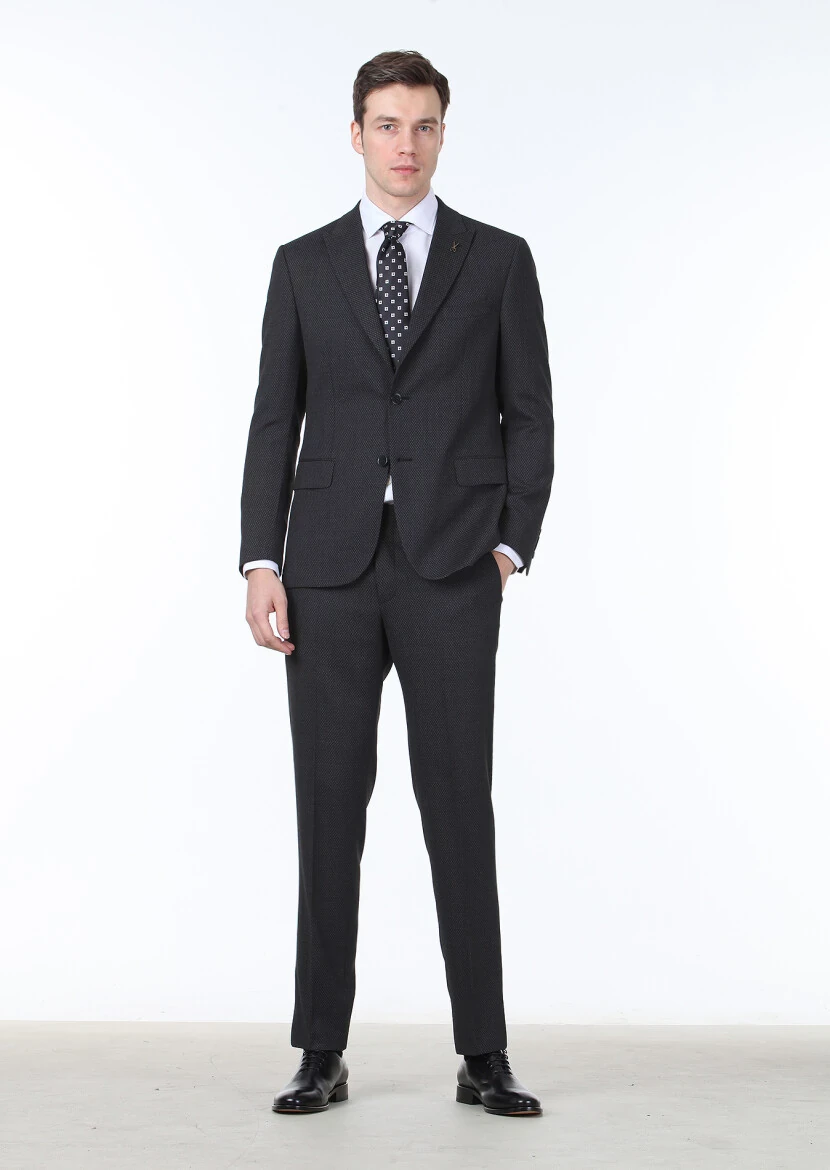 Antrasit Desenli Zeroweight Slim Fit Yün Karışımlı Takım Elbise - 3