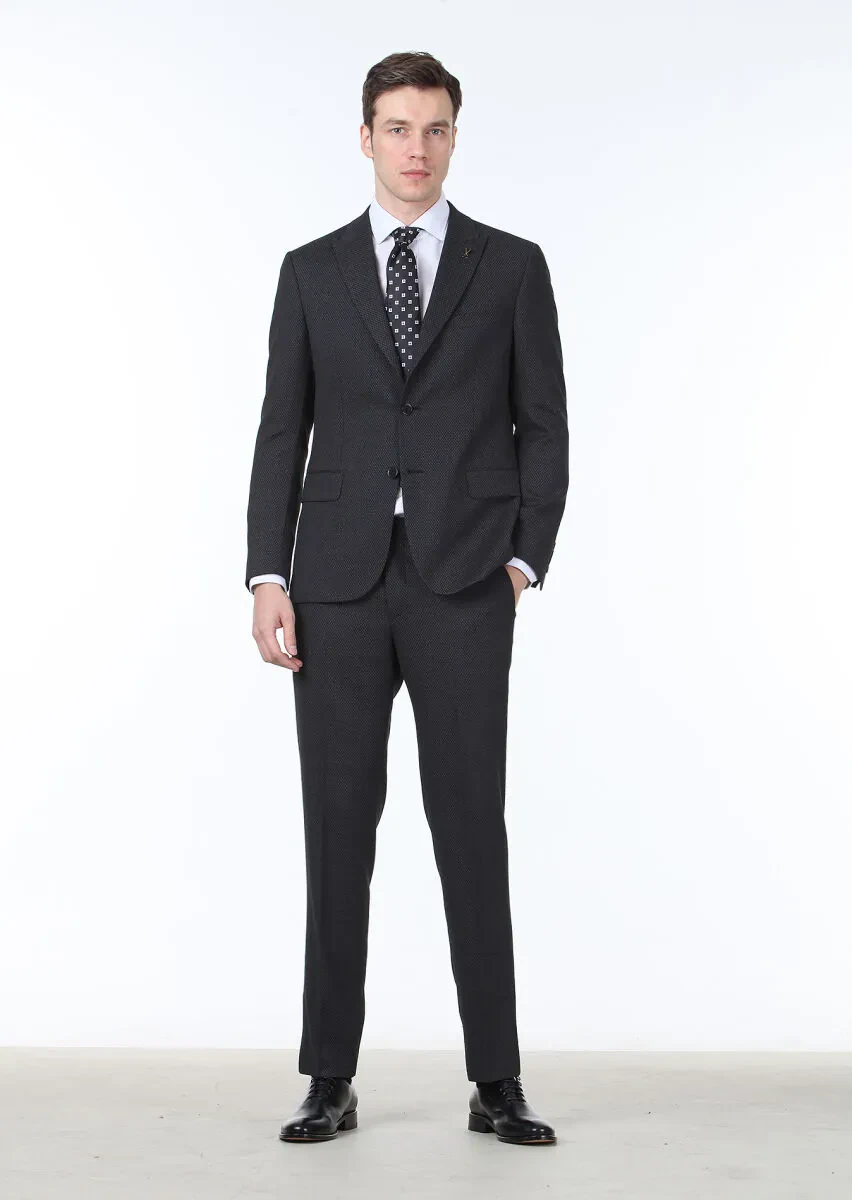 Antrasit Desenli Zeroweight Slim Fit Yün Karışımlı Takım Elbise - 3