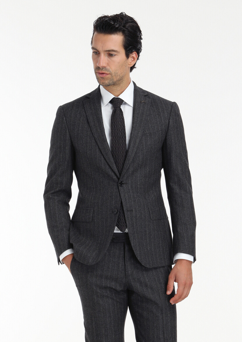 Antrasit Desenli Zeroweight Slim Fit Yün Karışımlı Takım Elbise - 5