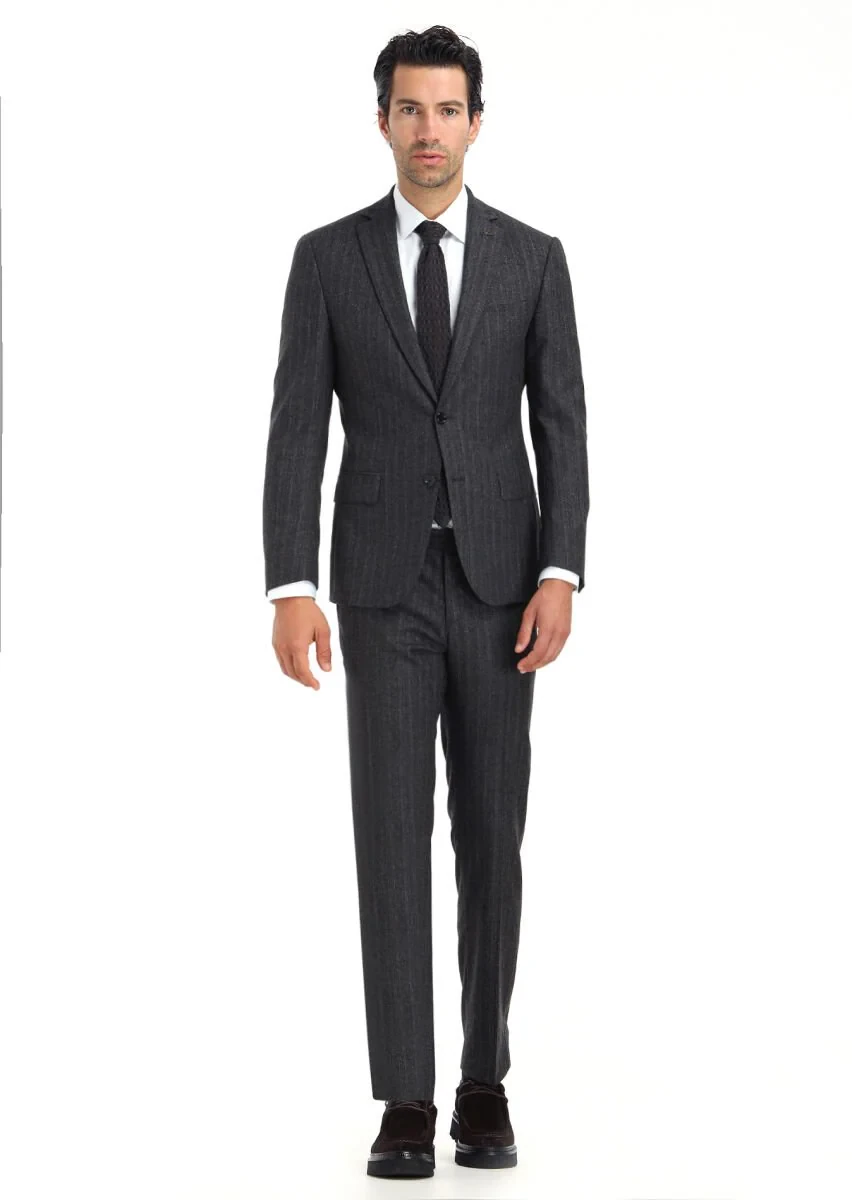 Antrasit Desenli Zeroweight Slim Fit Yün Karışımlı Takım Elbise - 1