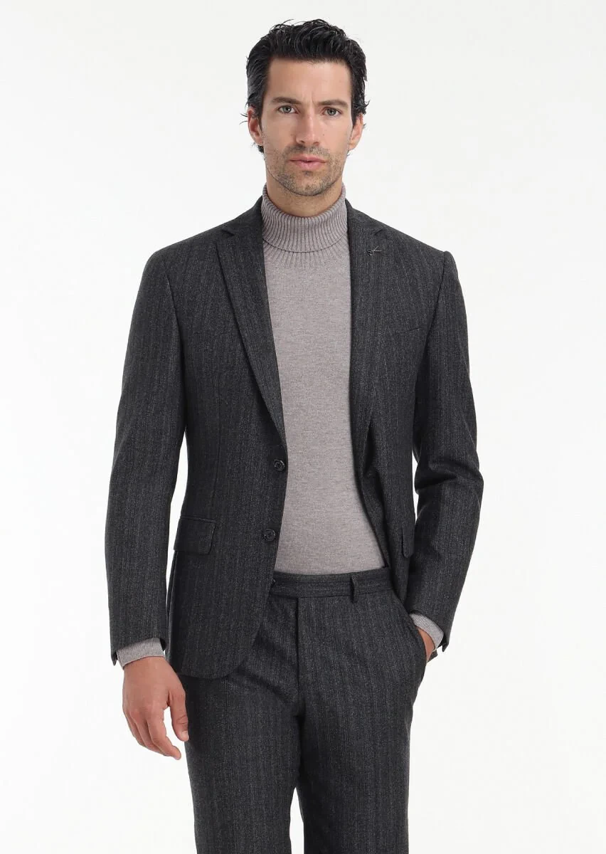 Antrasit Desenli Zeroweight Slim Fit Yün Karışımlı Takım Elbise - 3