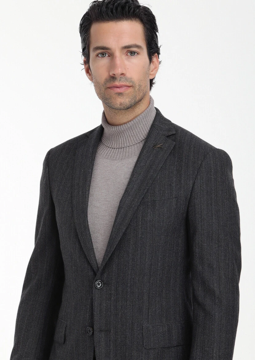 Antrasit Desenli Zeroweight Slim Fit Yün Karışımlı Takım Elbise - 4