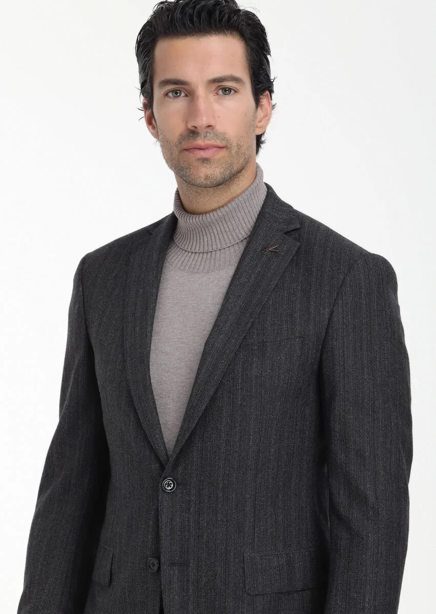 Antrasit Desenli Zeroweight Slim Fit Yün Karışımlı Takım Elbise - 4