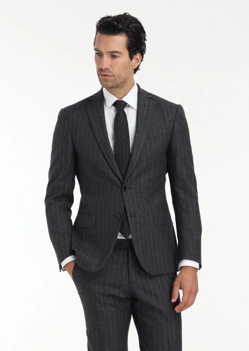 Antrasit Desenli Zeroweight Slim Fit Yün Karışımlı Takım Elbise - 7