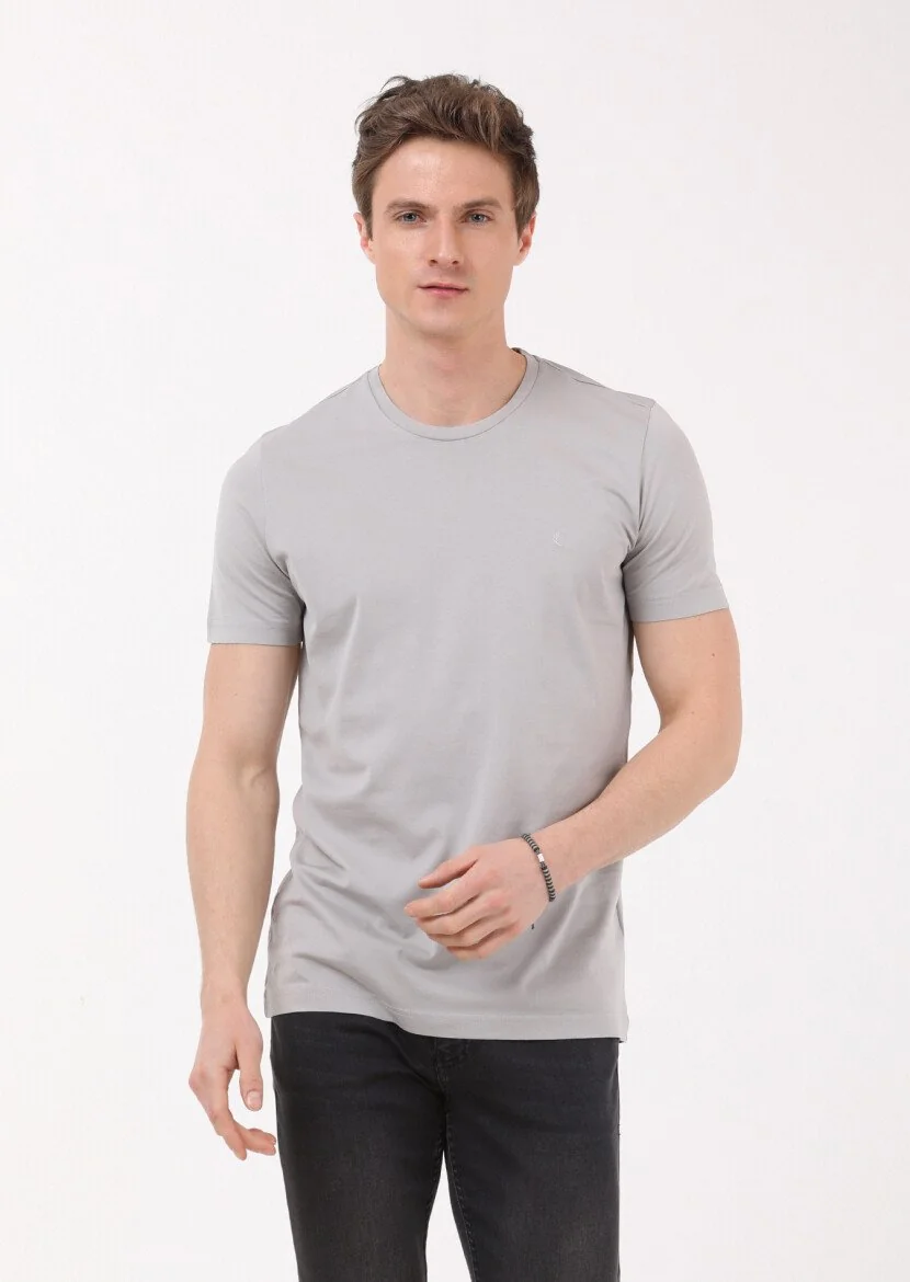 Antrasit Düz Bisiklet Yaka %100 Pamuk T-Shirt 