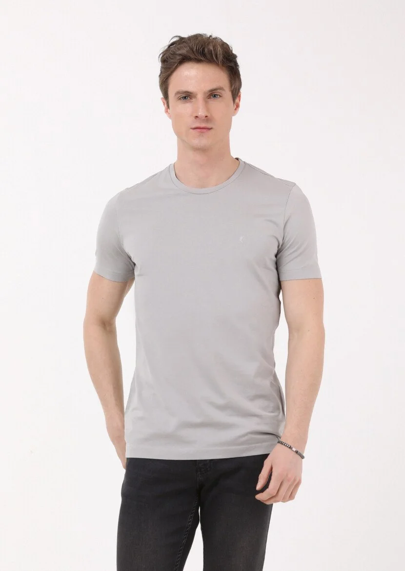 Antrasit Düz Bisiklet Yaka %100 Pamuk T-Shirt - 3