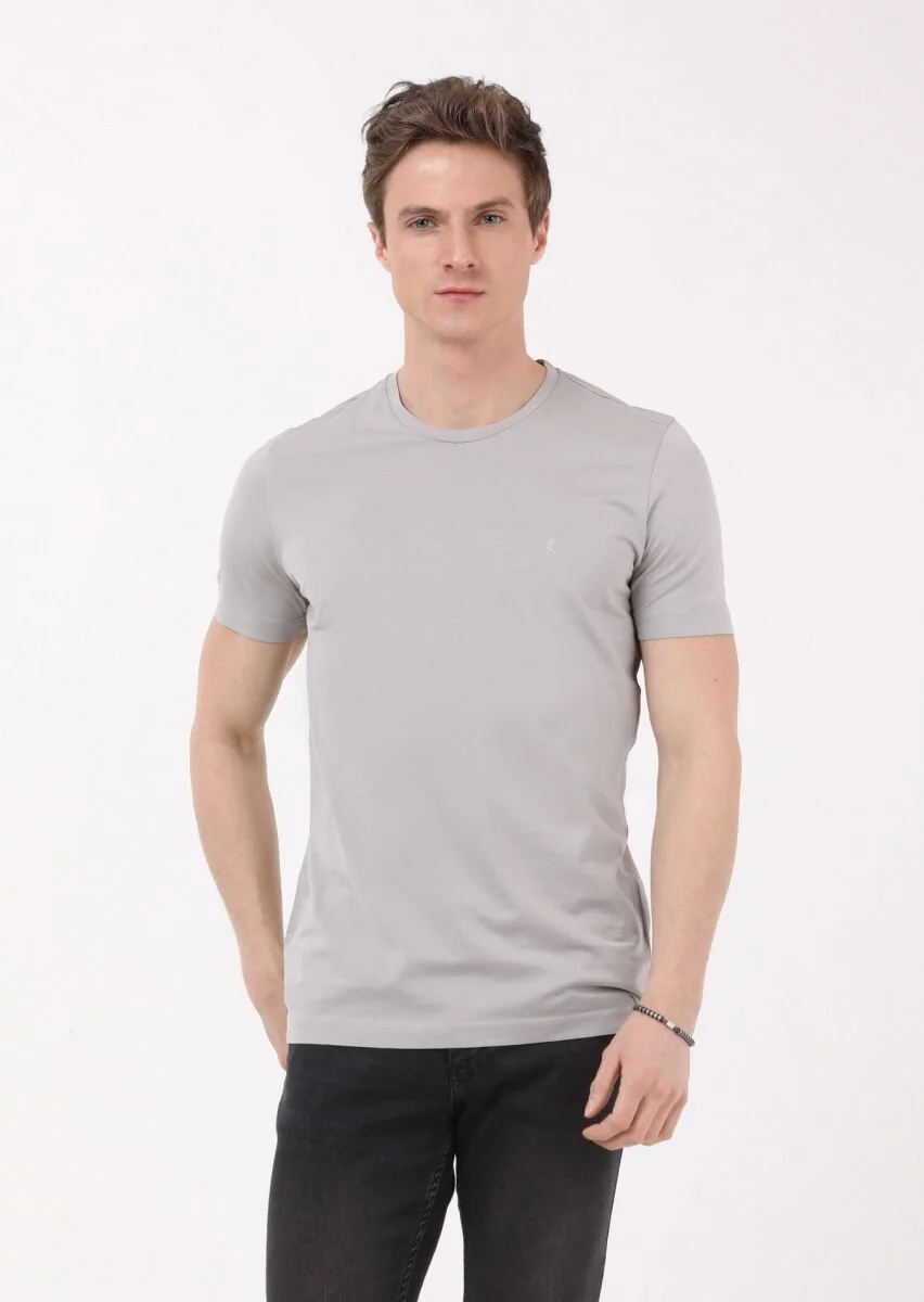 Antrasit Düz Bisiklet Yaka %100 Pamuk T-Shirt - 3