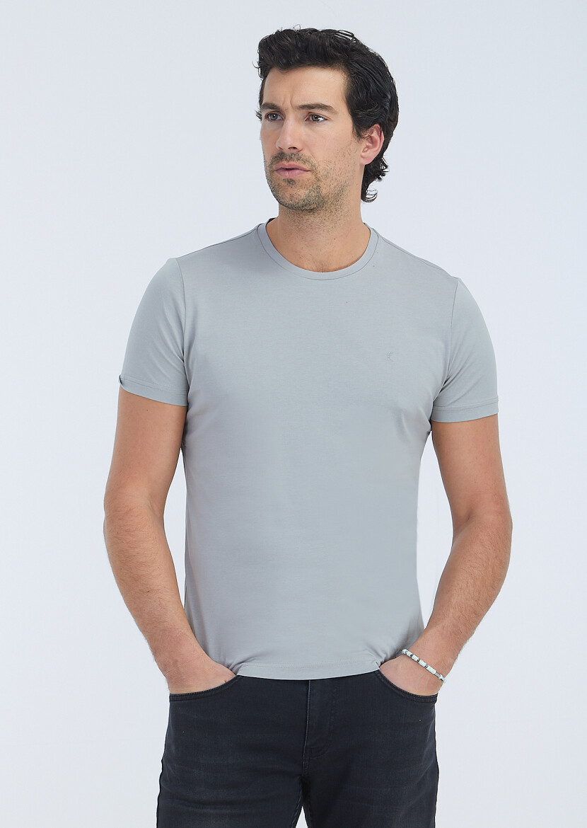 Antrasit Düz Bisiklet Yaka %100 Pamuk T-Shirt 