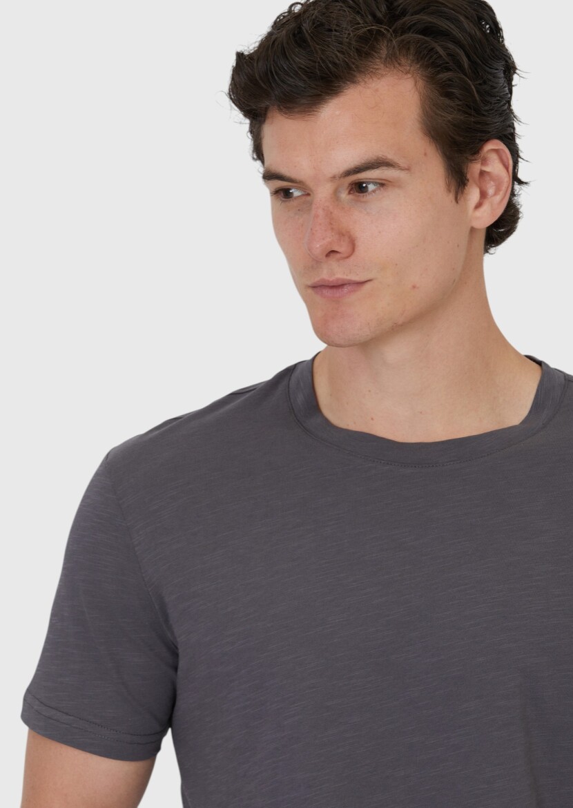 Antrasit Düz Bisiklet Yaka %100 Pamuk T-Shirt 