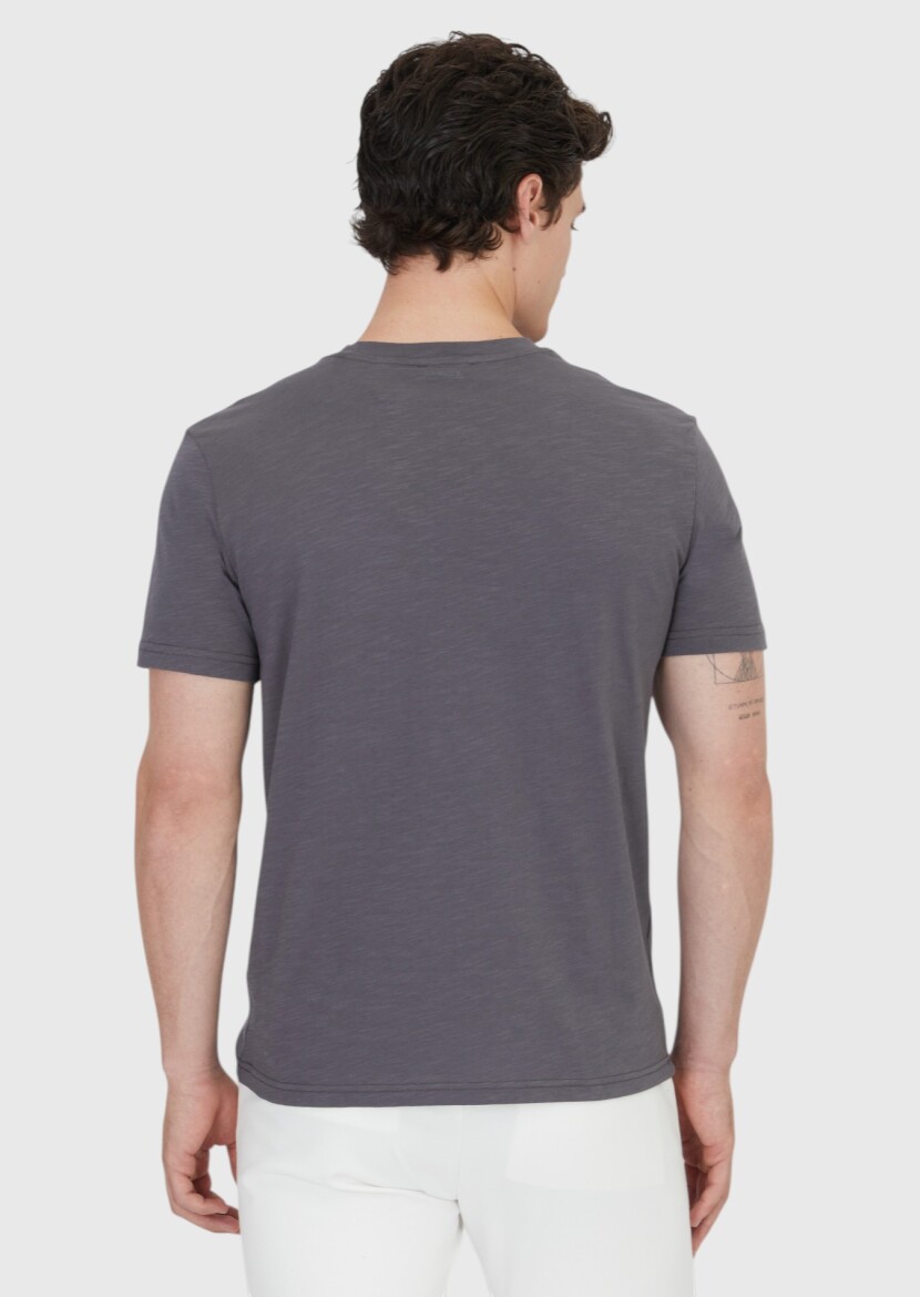 Antrasit Düz Bisiklet Yaka %100 Pamuk T-Shirt - 3