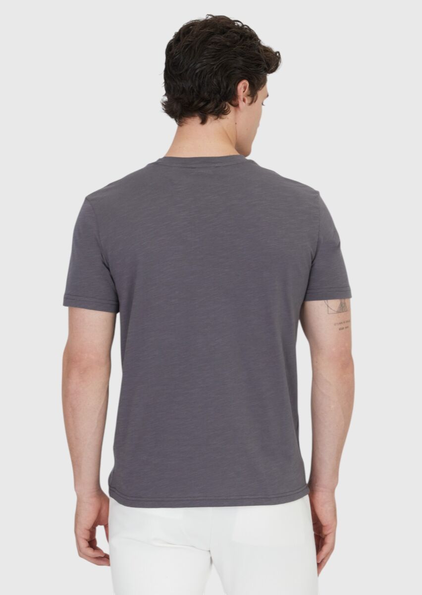 Antrasit Düz Bisiklet Yaka %100 Pamuk T-Shirt - 3