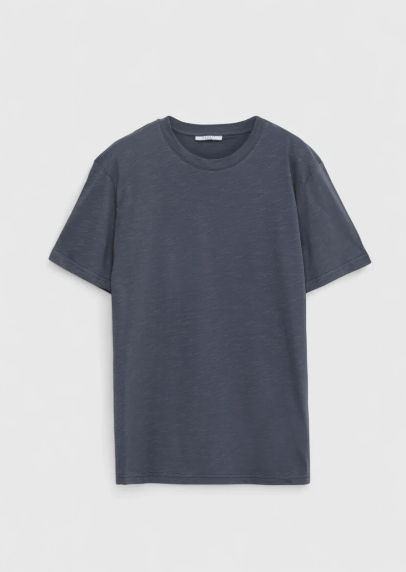 Antrasit Düz Bisiklet Yaka %100 Pamuk T-Shirt 