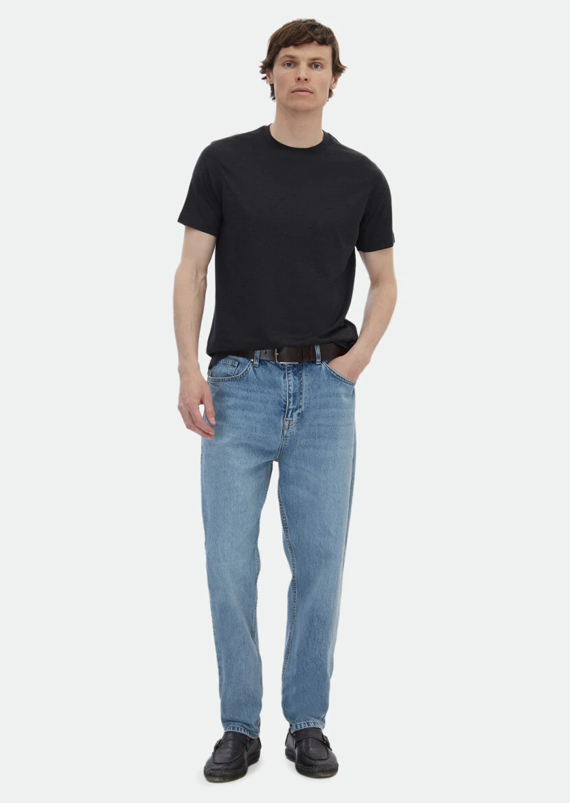 Antrasit Düz Bisiklet Yaka İpek Karışımlı T-Shirt 