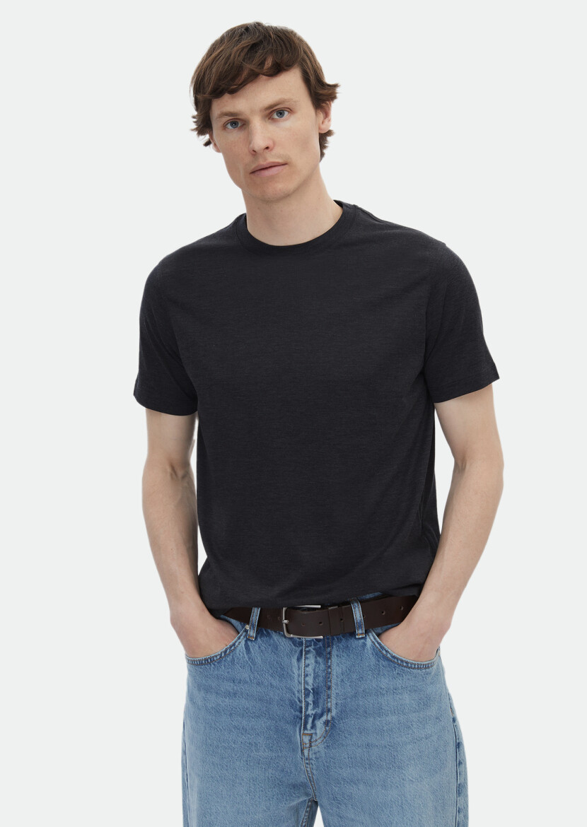 Antrasit Düz Bisiklet Yaka İpek Karışımlı T-Shirt - RAMSEY