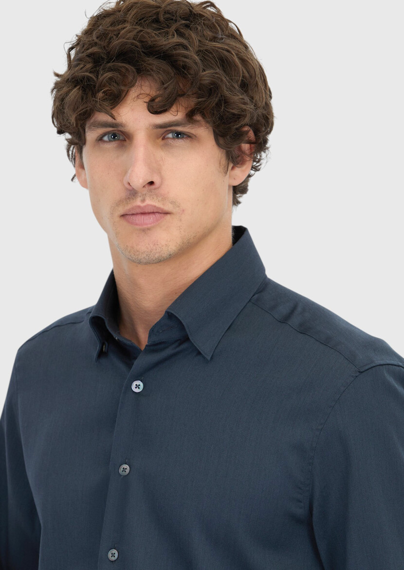 Antrasit Düz Casual Fit Dokuma Casual İpek Karışımlı Gömlek - 4