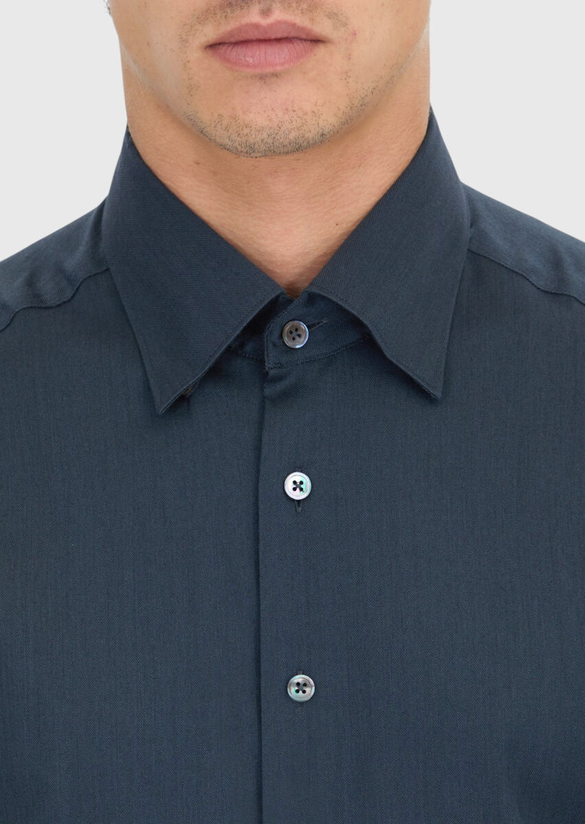 Antrasit Düz Casual Fit Dokuma Casual İpek Karışımlı Gömlek - 5