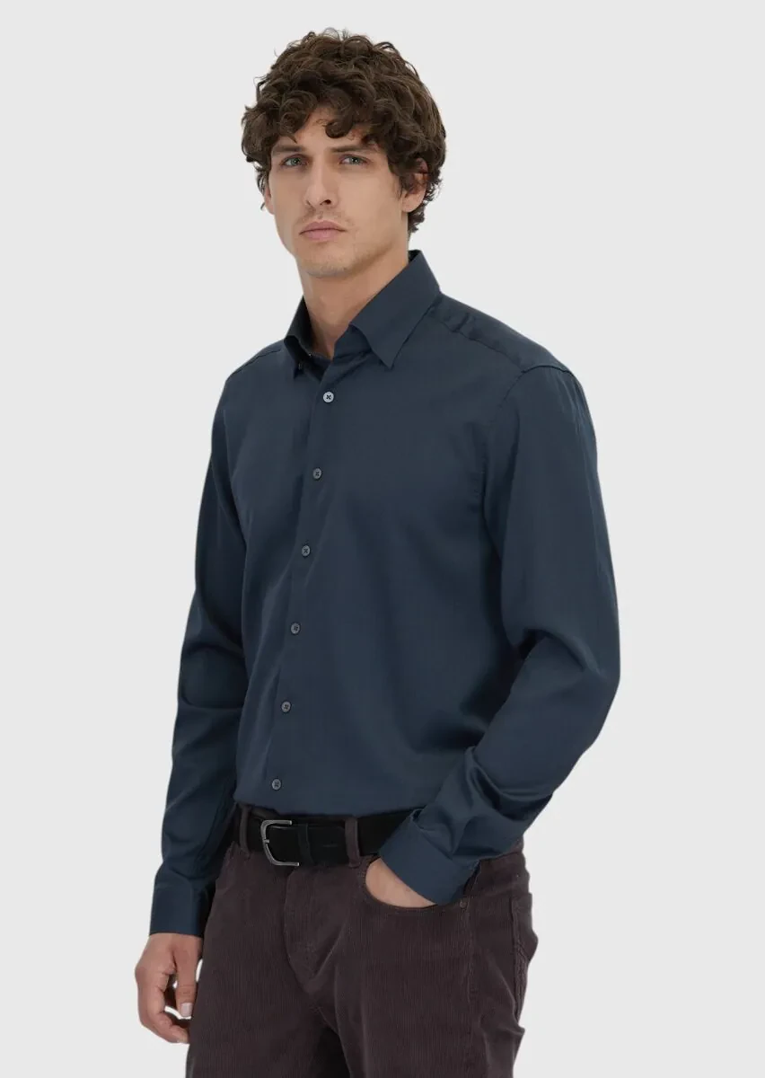 Antrasit Düz Casual Fit Dokuma Casual İpek Karışımlı Gömlek - 3