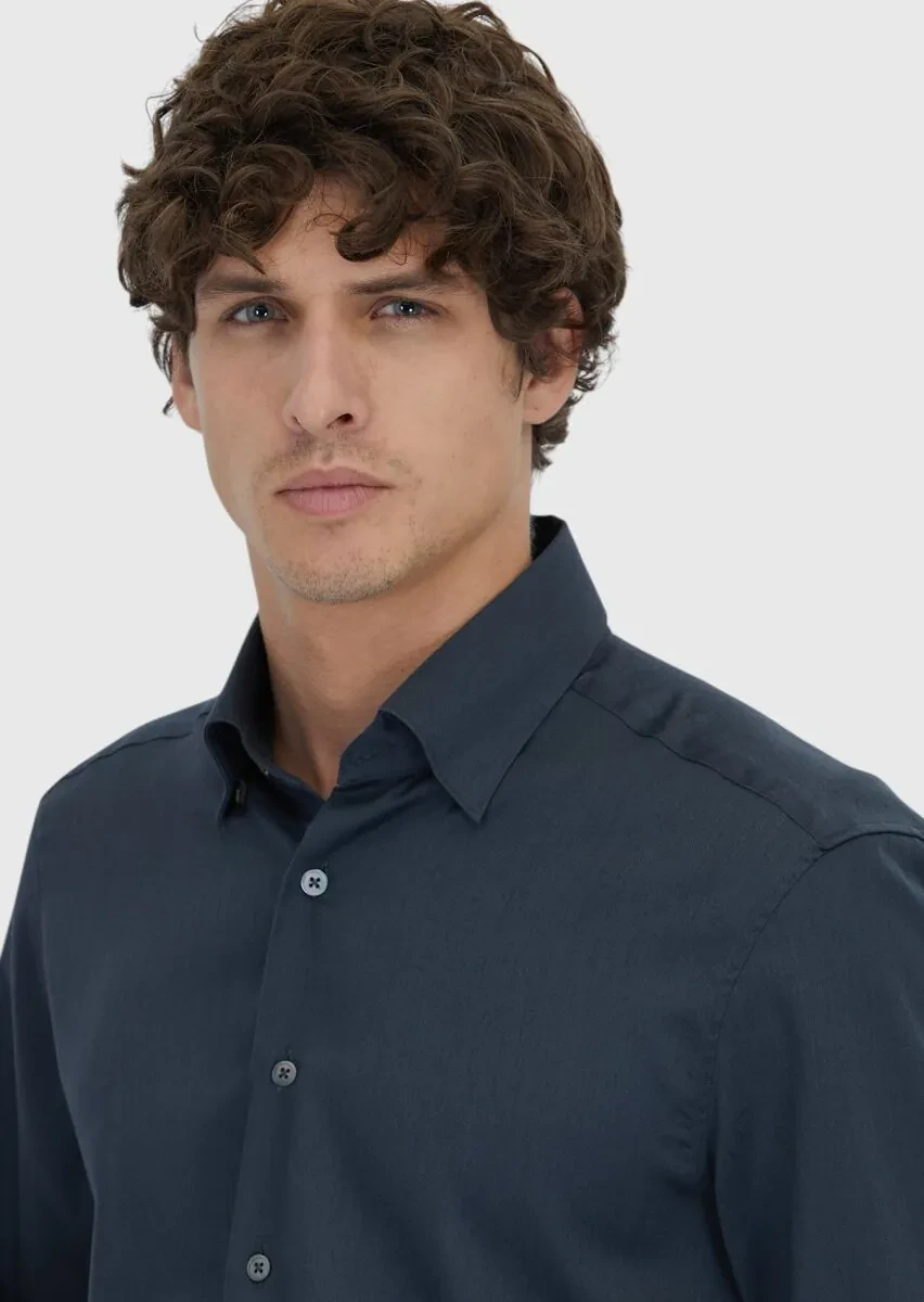 Antrasit Düz Casual Fit Dokuma Casual İpek Karışımlı Gömlek - 4