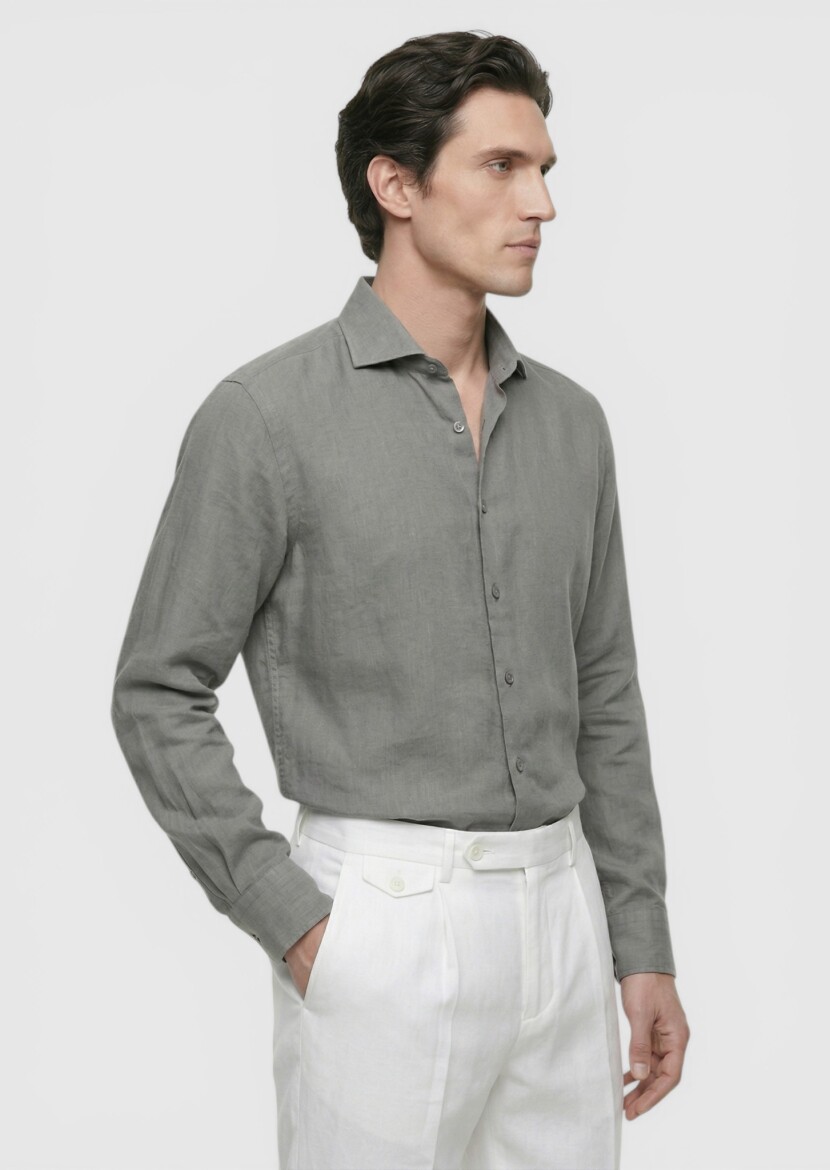Antrasit Düz Casual Fit Uzun Dokuma Casual %100 Keten Gömlek - 3