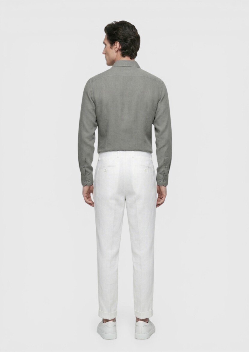 Antrasit Düz Casual Fit Uzun Dokuma Casual %100 Keten Gömlek - 4