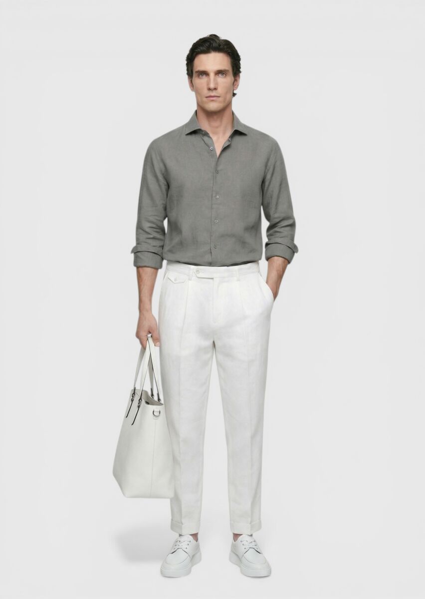 Antrasit Düz Casual Fit Dokuma Casual %100 Keten Gömlek - 3