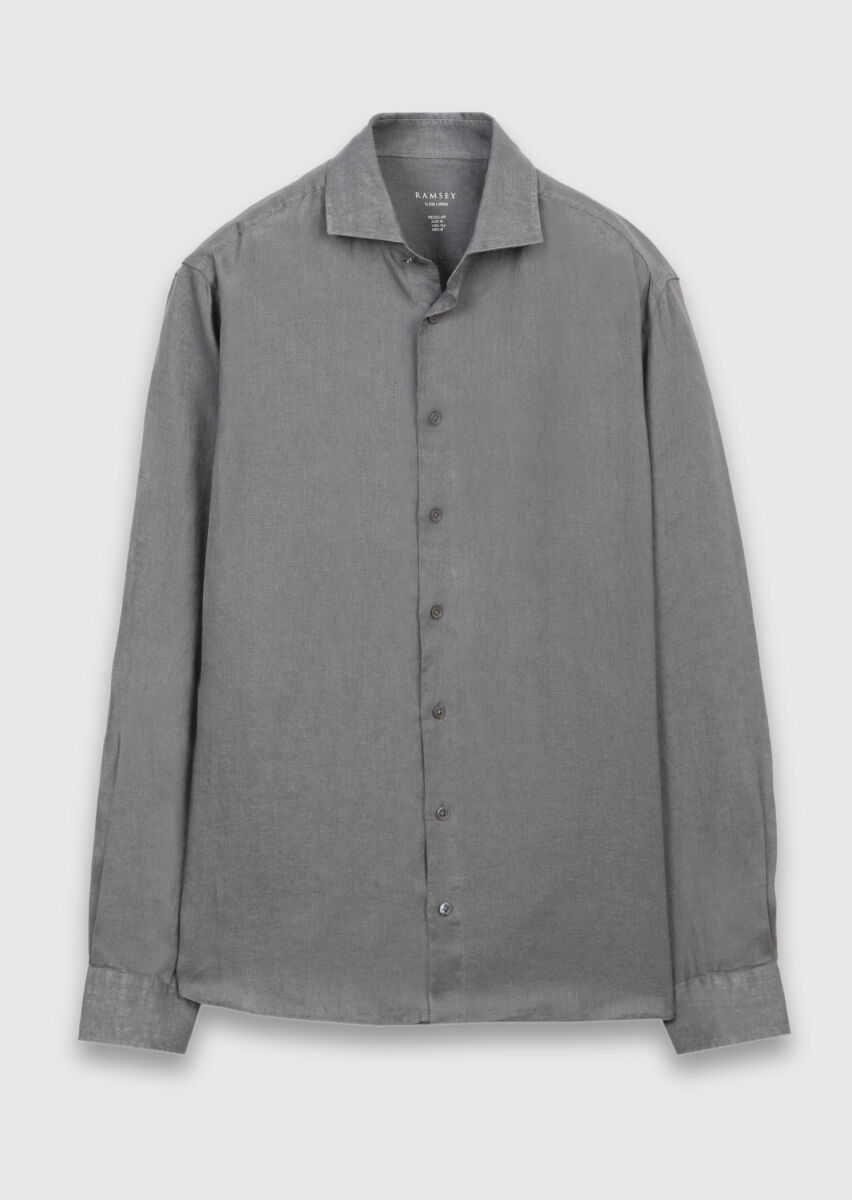 Antrasit Düz Casual Fit Dokuma Casual %100 Keten Gömlek - 6